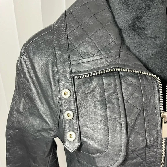 BLANC NOIR Quilted Leather Moto Jacket Belted Zip Up Lined Buckles Black Size S - Picture 7 of 9
